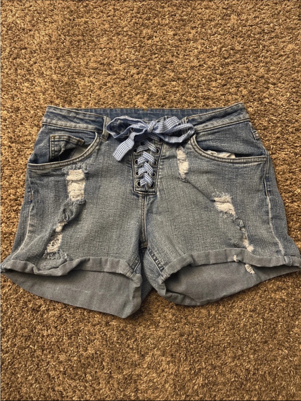 VENUS Light Blue Distressed Lace-Up Denim Shorts
